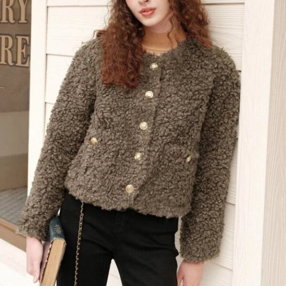 Brown Teddy faux fur Button Down with Pockets  Jacket Coat - Picture 3 of 7